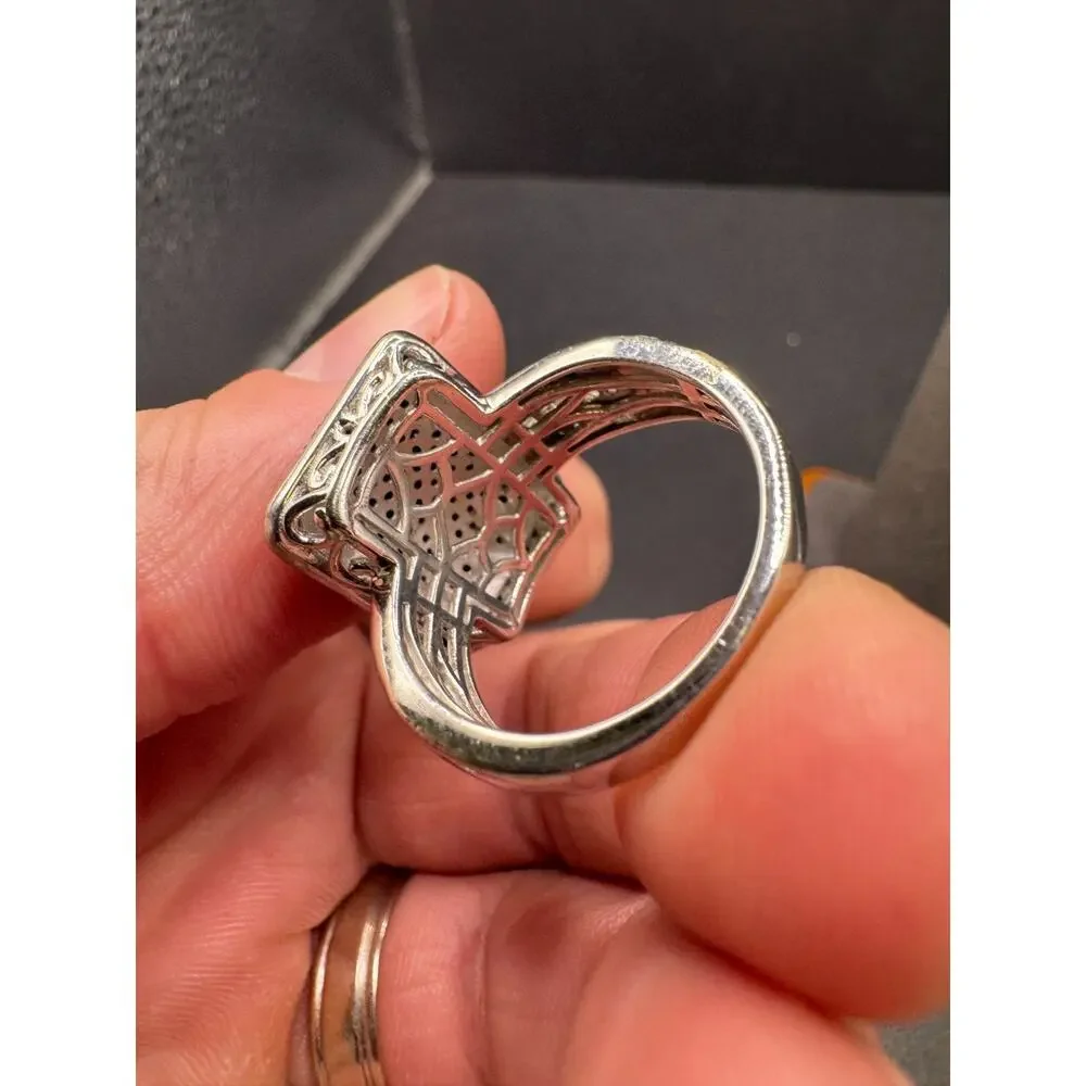 D’Joy 925 Sterling Silver Blue & White Diamond Pave Cocktail Ring Size 10.25